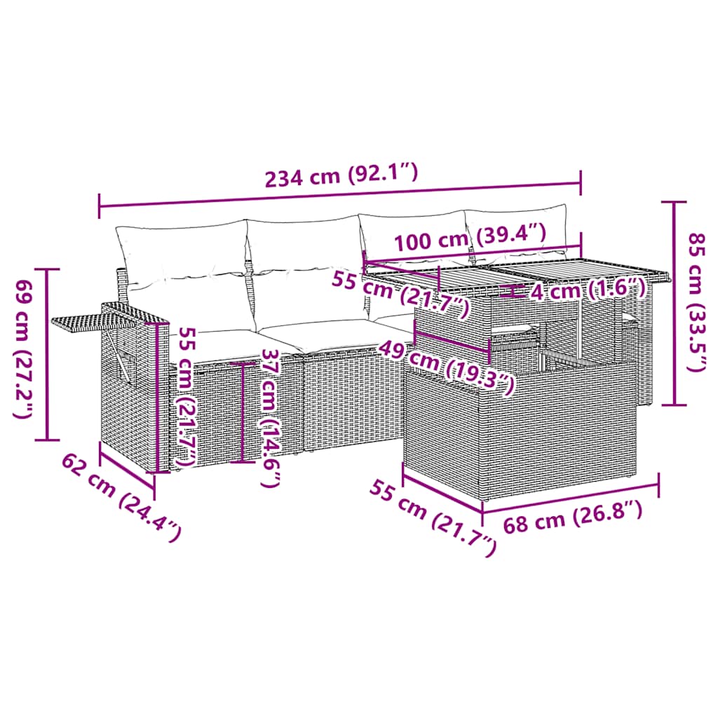 Set Divano da Giardino 5 pz con Cuscini Beige in Polyrattan