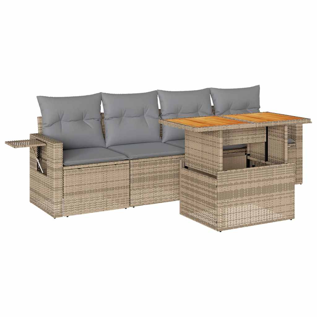Set Divano da Giardino 5 pz con Cuscini Beige in Polyrattan