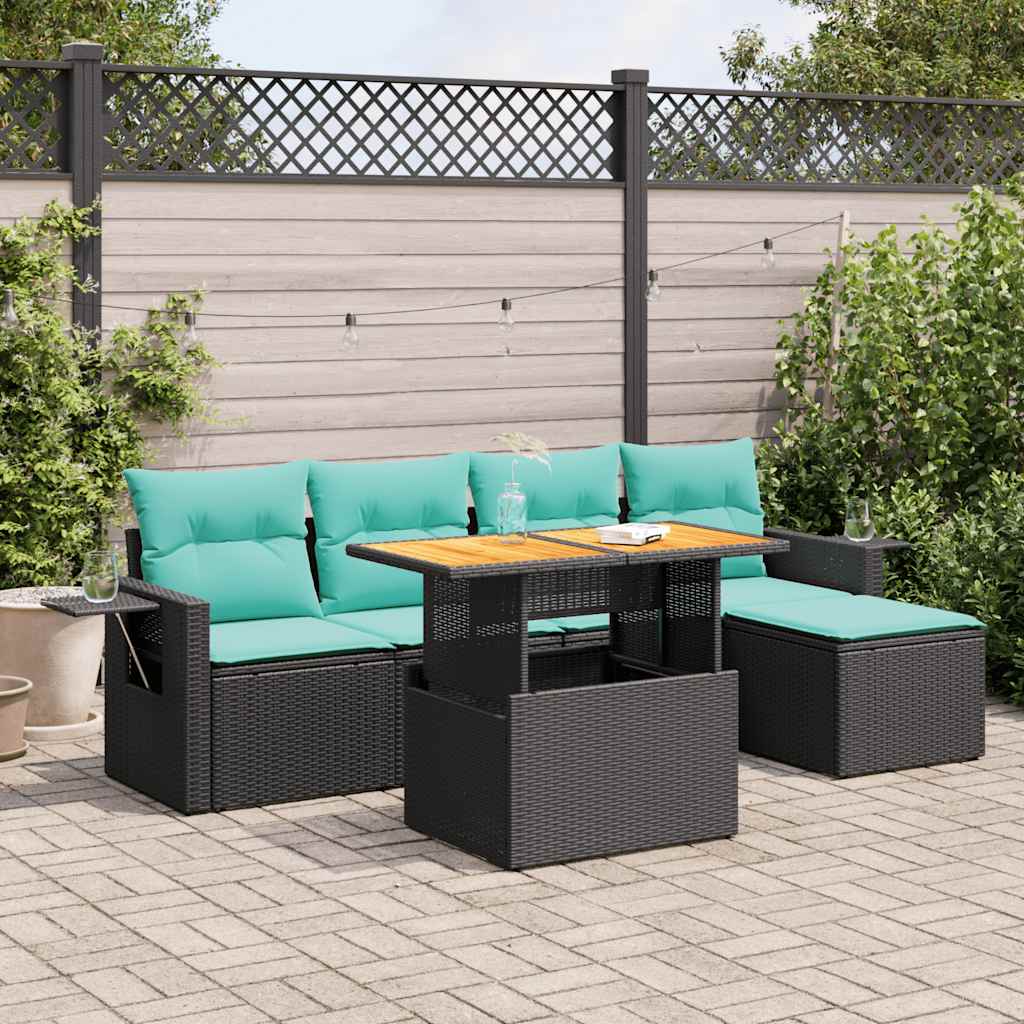 Set Divano da Giardino 6 pz con Cuscini Nero in Polyrattan