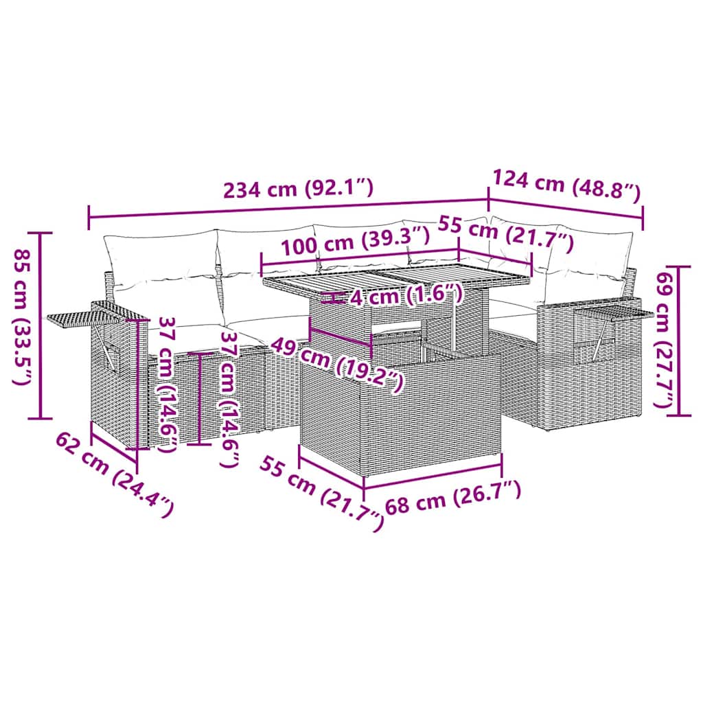 Set Divano da Giardino 6 pz con Cuscini Grigio in Polyrattan