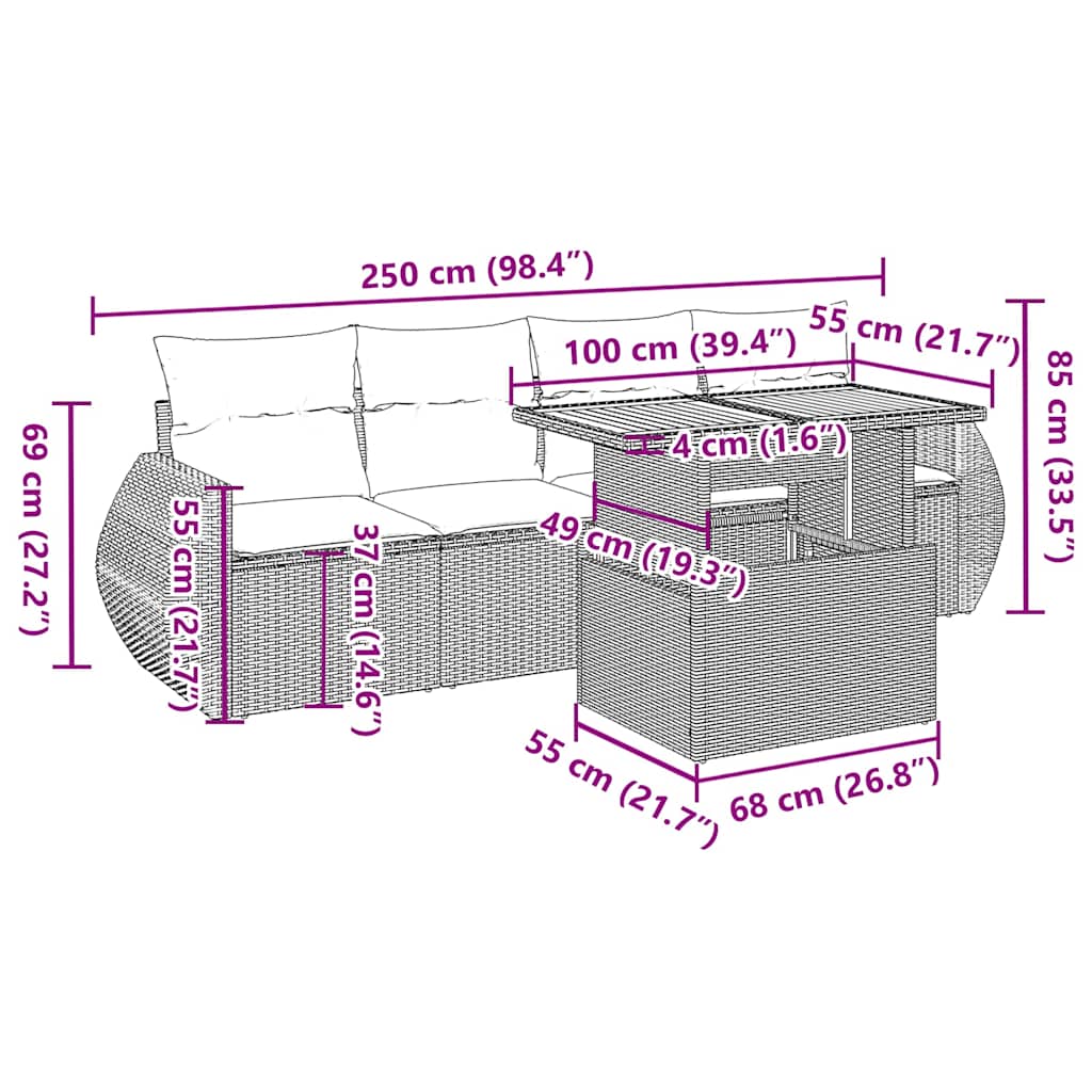 Set Divano da Giardino 5 pz con Cuscini Beige in Polyrattan