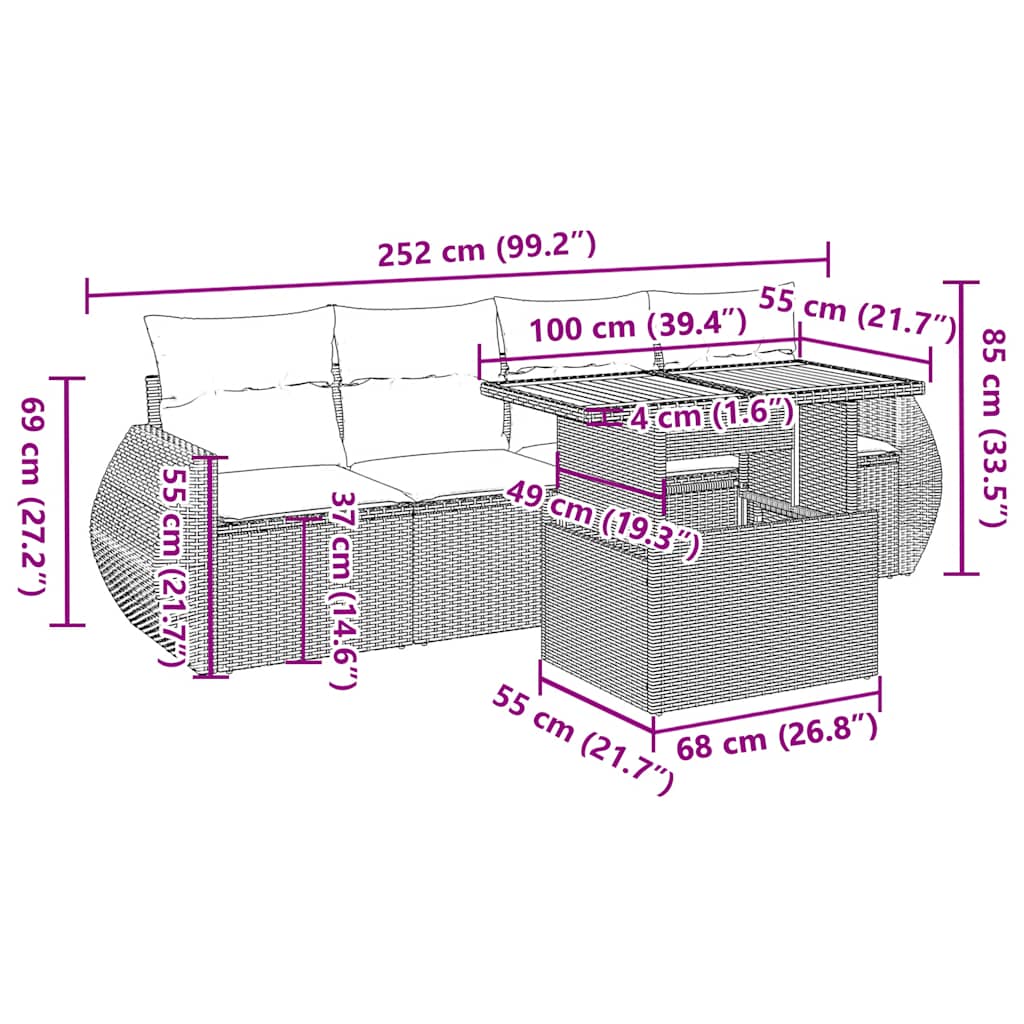 Set Divano da Giardino 5 pz con Cuscini Beige in Polyrattan