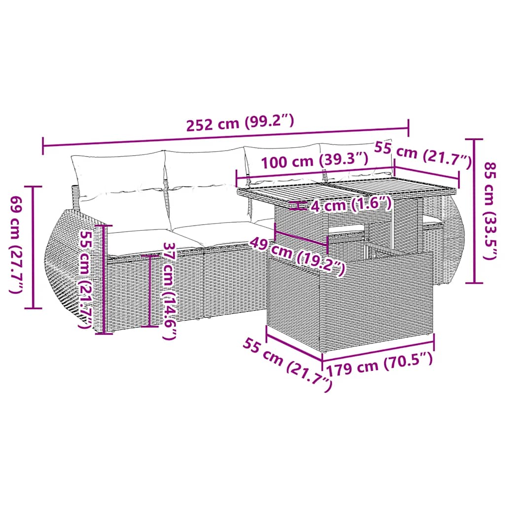 Set Divano da Giardino 5 pz con Cuscini Grigio in Polyrattan