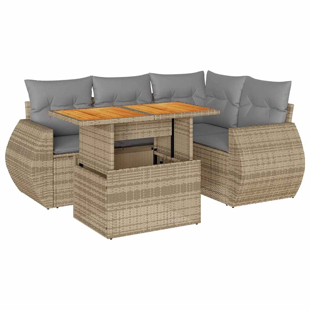 Set Divano da Giardino 5 pz con Cuscini Beige in Polyrattan