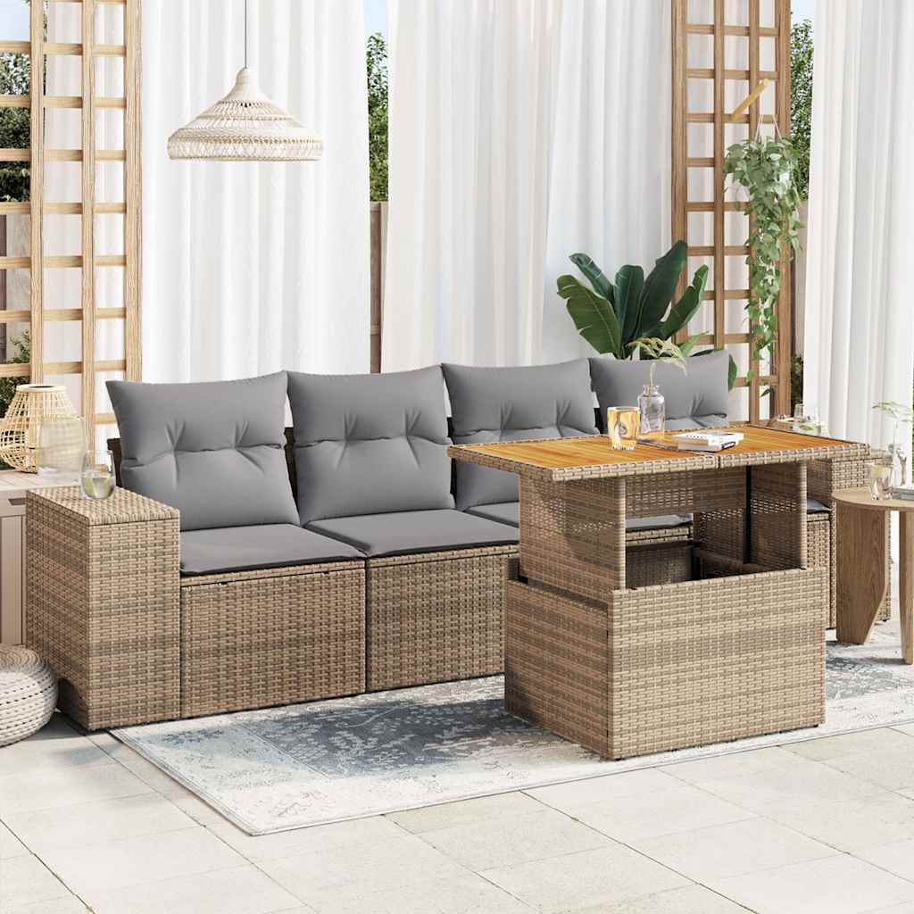 Set Divano da Giardino 5 pz con Cuscini Beige in Polyrattan