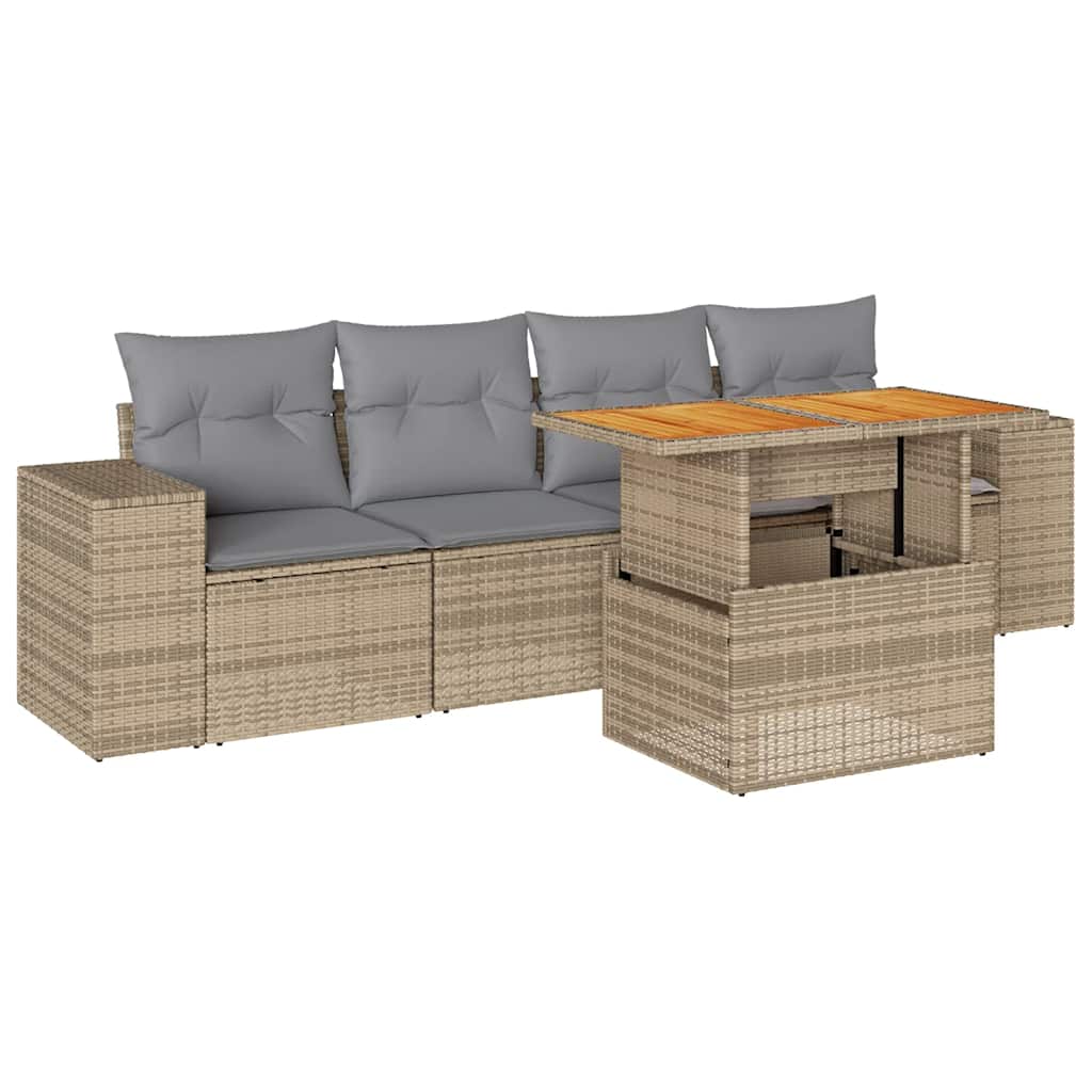 Set Divano da Giardino 5 pz con Cuscini Beige in Polyrattan