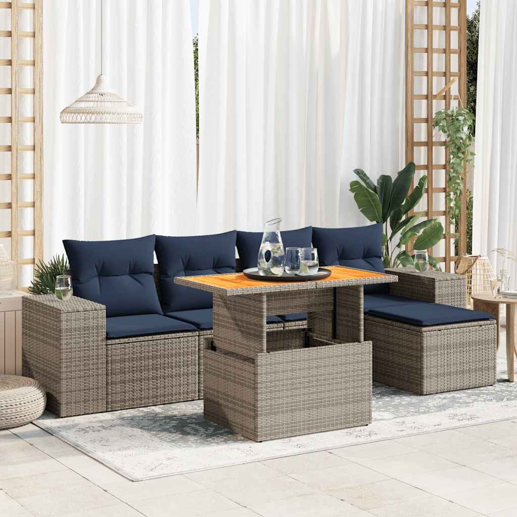Set Divano da Giardino 6 pz con Cuscini Grigio in Polyrattan