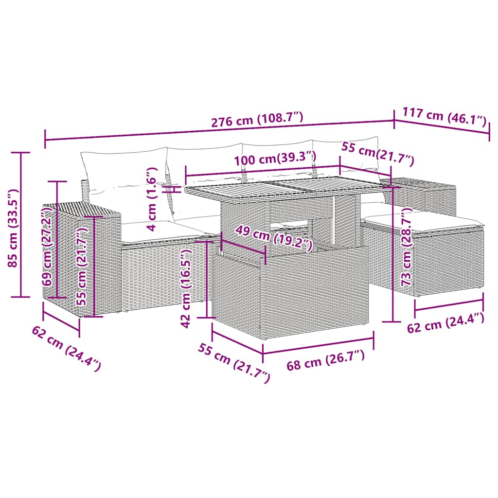 Set Divano da Giardino 6 pz con Cuscini Grigio in Polyrattan