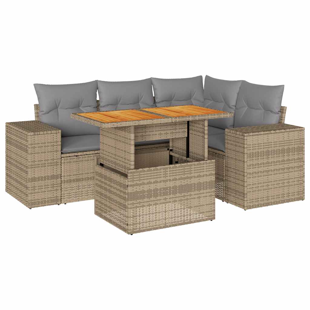 Set Divano da Giardino 5 pz con Cuscini Beige in Polyrattan