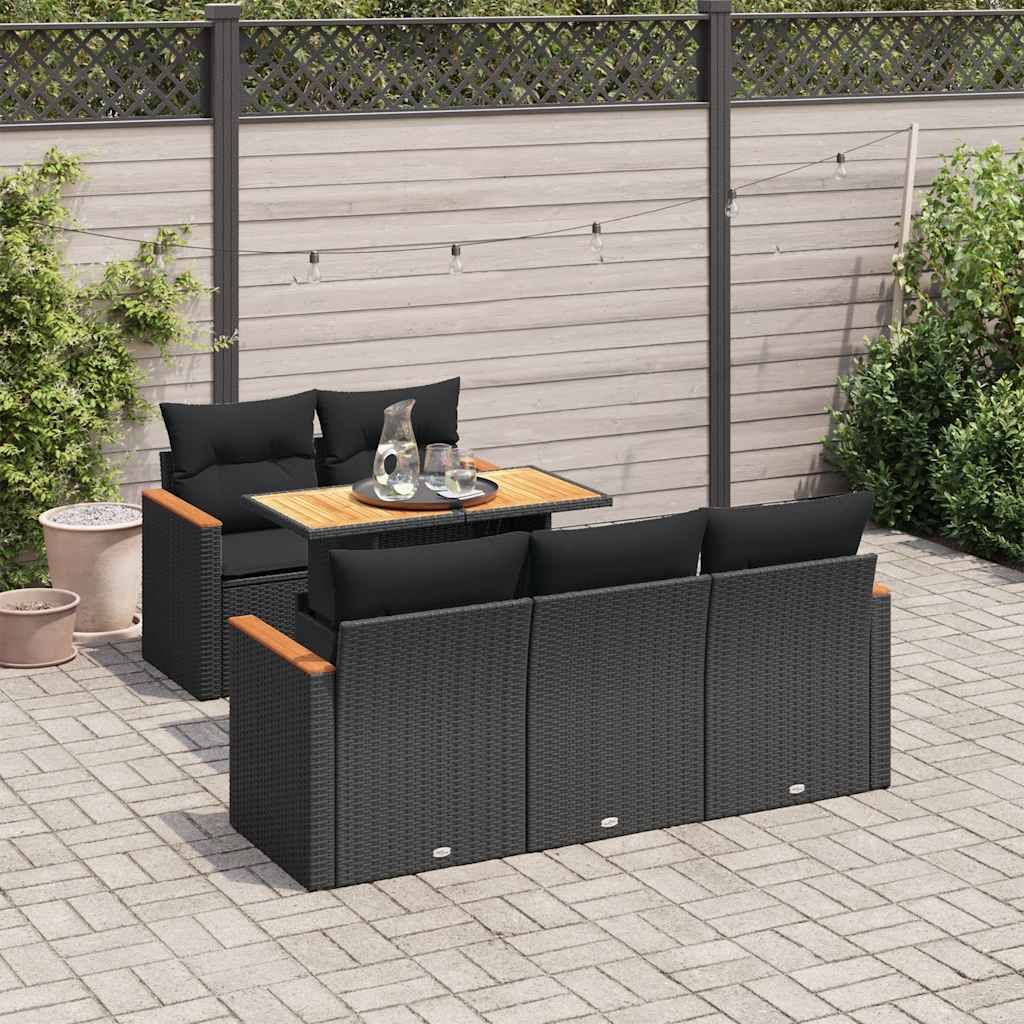 Set Divano da Giardino 6 pz con Cuscini Nero Polyrattan Acacia
