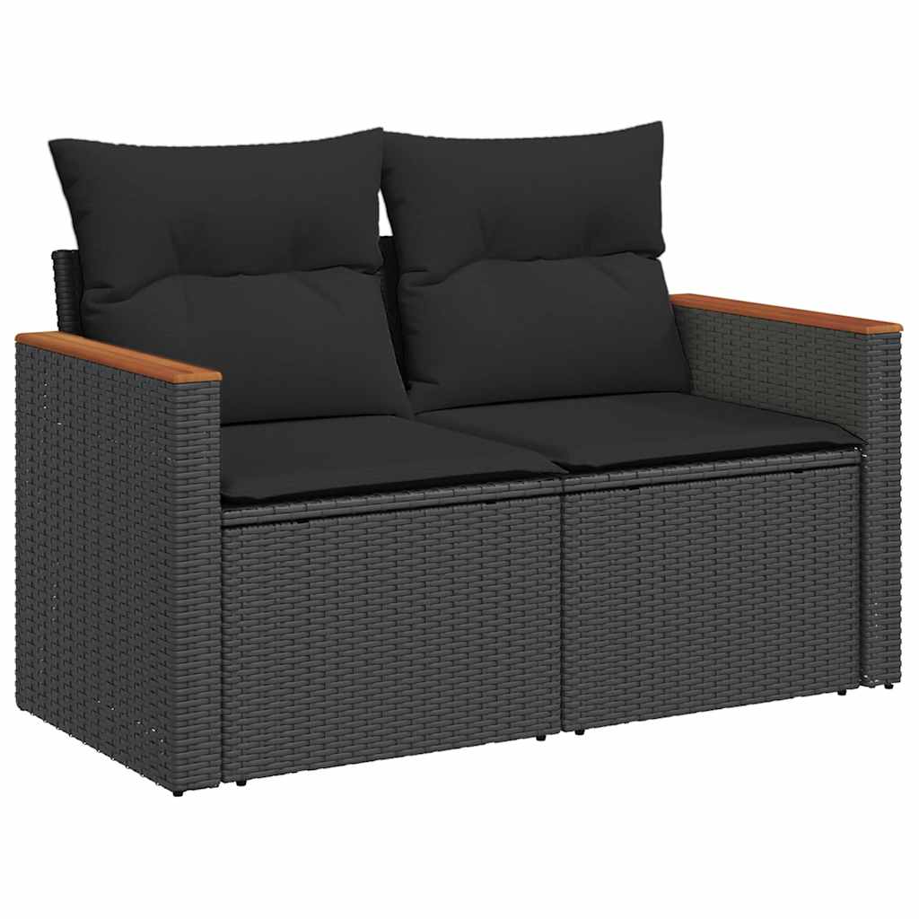 Set Divano da Giardino 6 pz con Cuscini Nero Polyrattan Acacia
