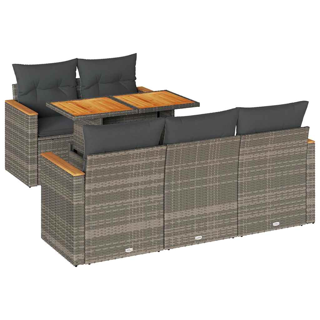 Set Divano da Giardino 6pz con Cuscini Grigio Polyrattan Acacia