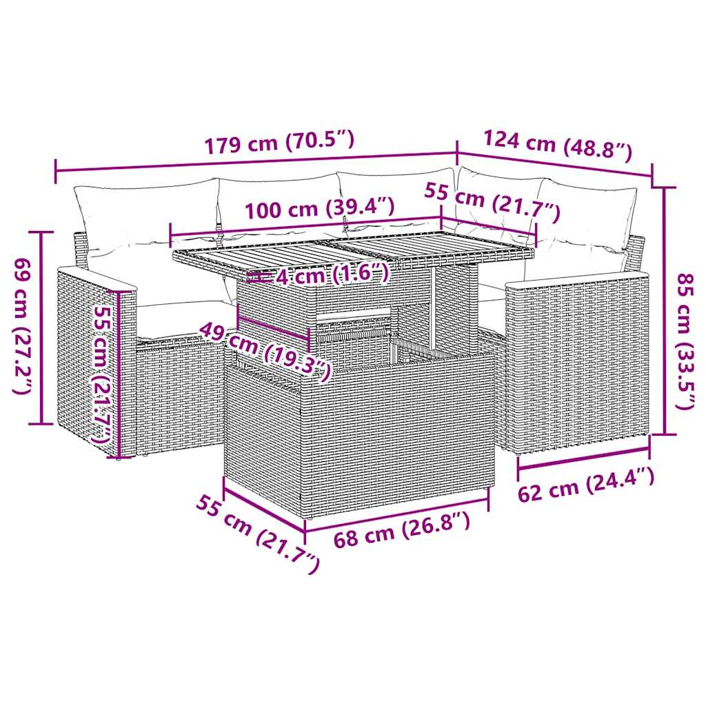 Set Divano Giardino 5 pz con Cuscini Grigio Polyrattan Acacia