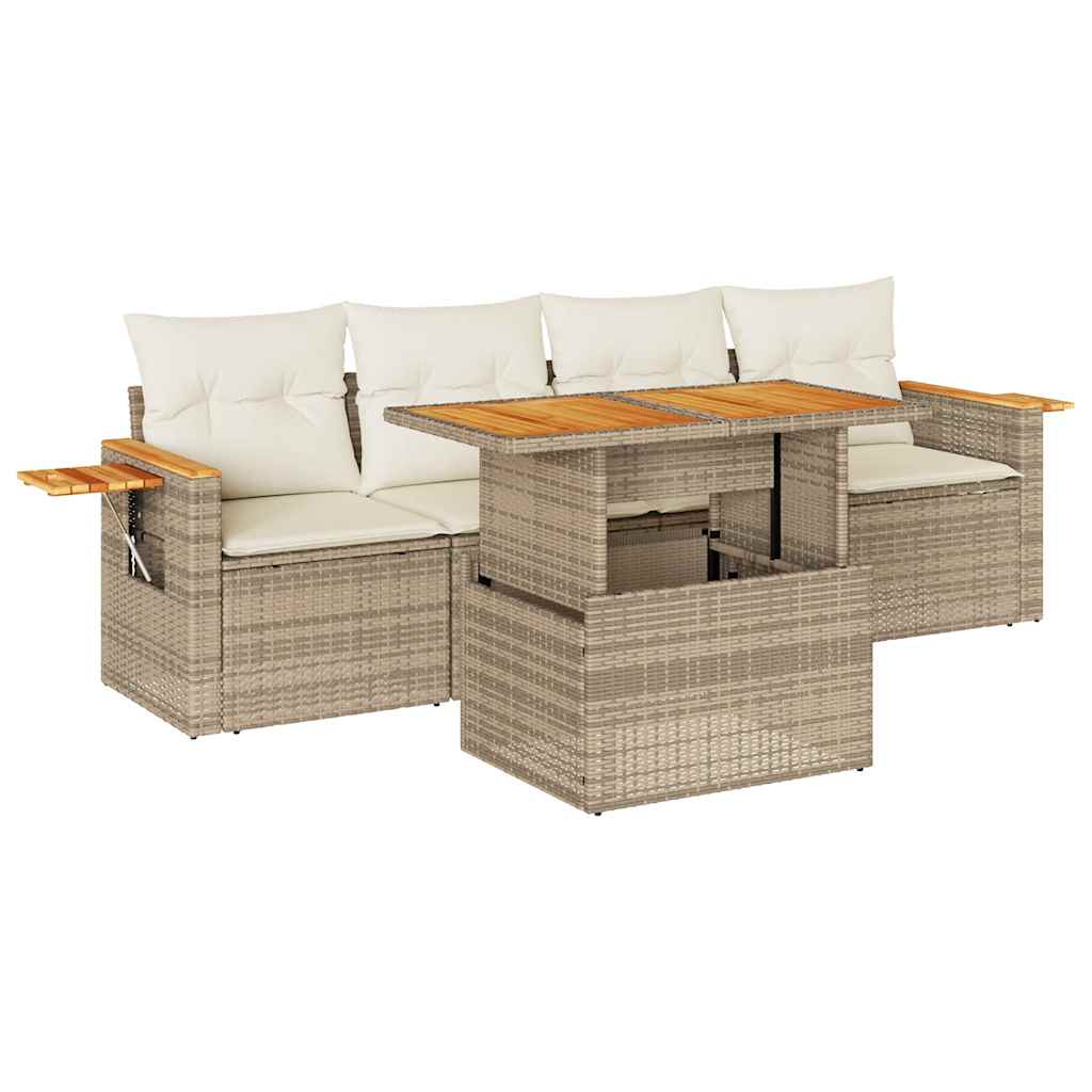 Set Divano da Giardino 5 pz con Cuscini Beige Polyrattan Acacia