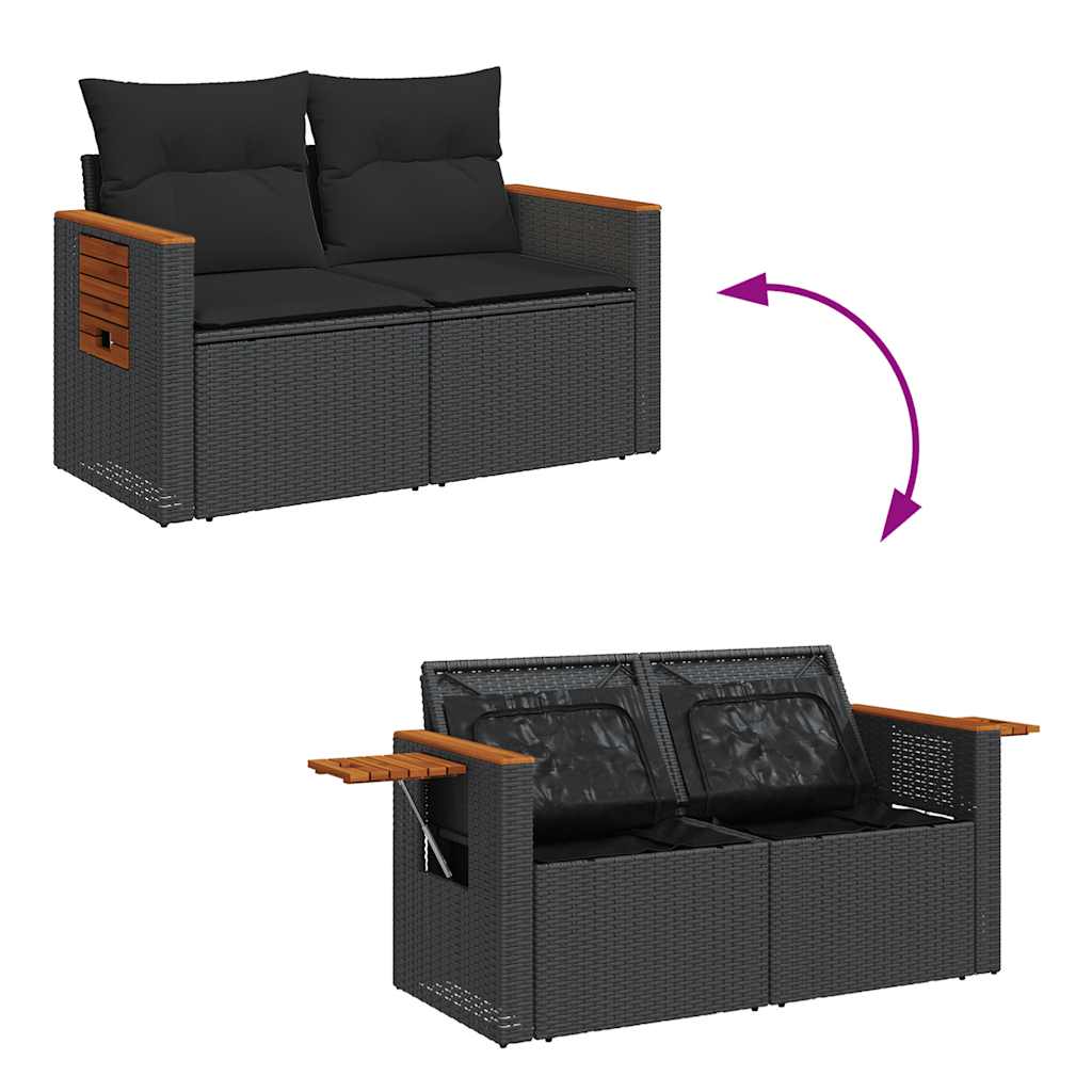 Set Divano da Giardino 6 pz con Cuscini Nero Polyrattan Acacia