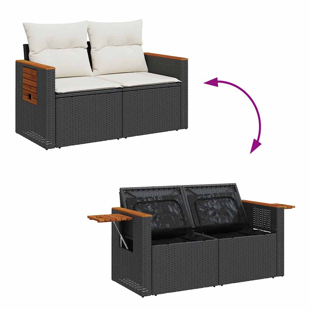 Set Divano da Giardino 6 pz con Cuscini Nero Polyrattan Acacia