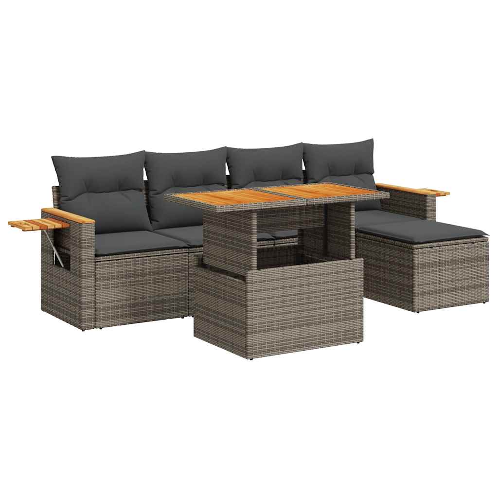 Set Divano da Giardino 6pz con Cuscini Grigio Polyrattan Acacia