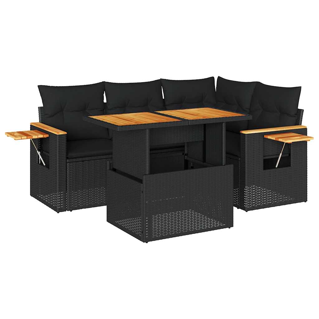 Set Divani da Giardino 5 pz con Cuscini Nero Polyrattan Acacia