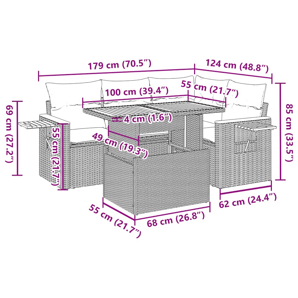 Set Divani da Giardino 5 pz con Cuscini Nero Polyrattan Acacia