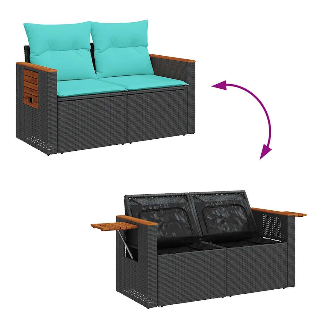 Set Divani da Giardino 5 pz con Cuscini Nero Polyrattan Acacia