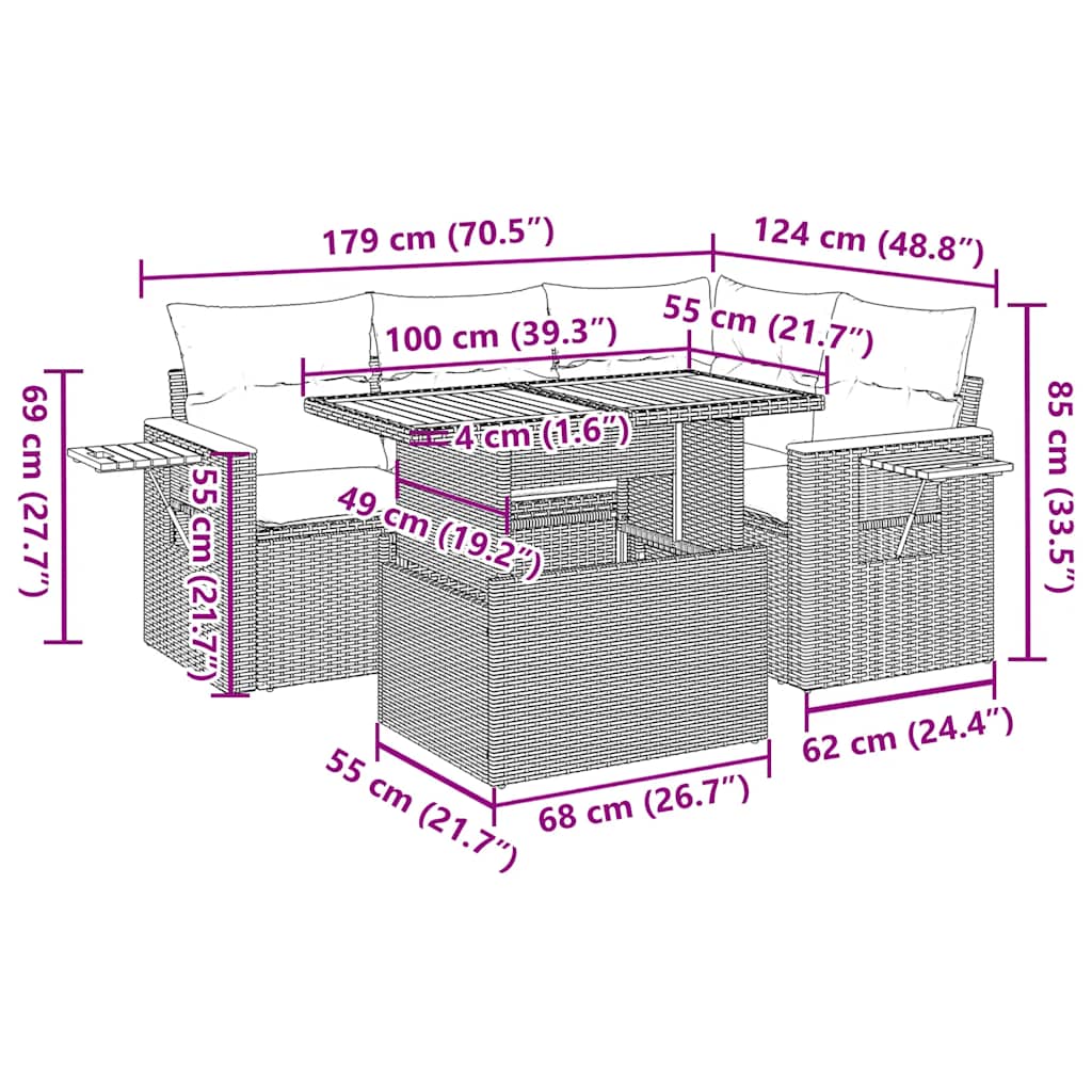 Set Divani da Giardino 5 pz con Cuscini Nero Polyrattan Acacia