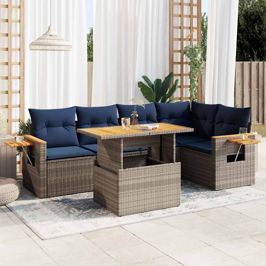 Set Divano da Giardino 6pz con Cuscini Grigio Polyrattan Acacia