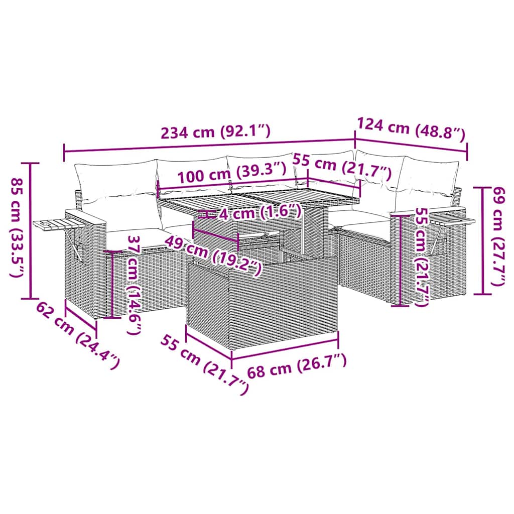 Set Divano da Giardino 6pz con Cuscini Grigio Polyrattan Acacia