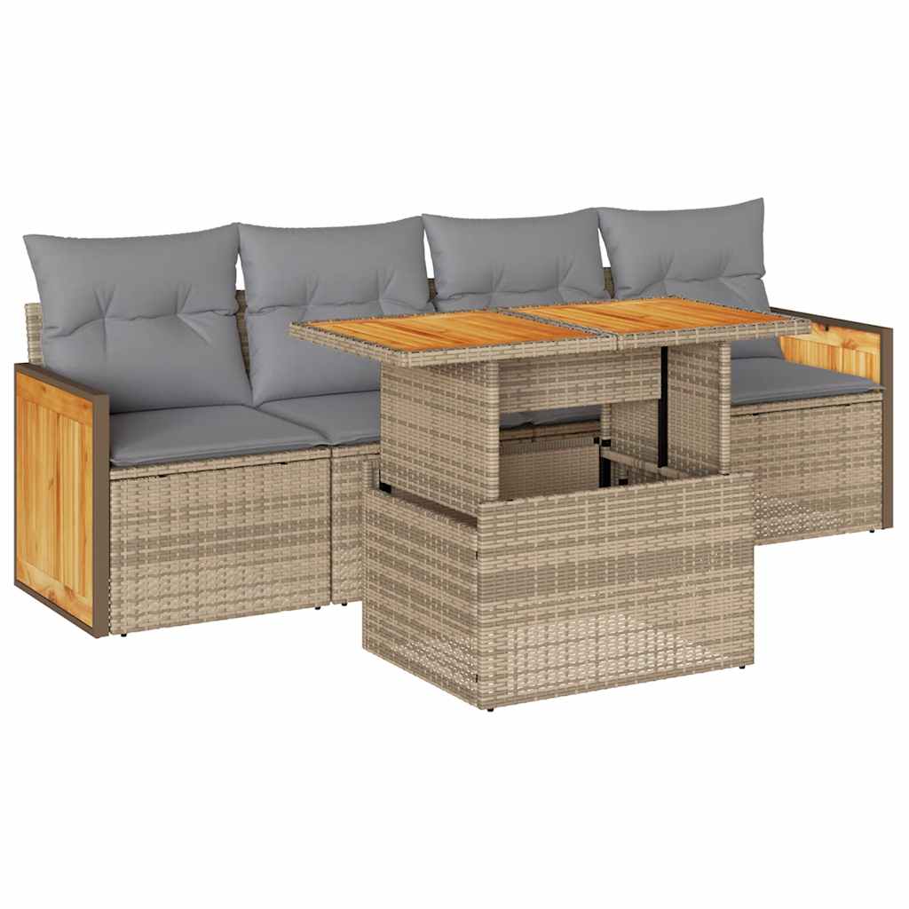 Set Divano da Giardino 5 pz con Cuscini Beige Polyrattan Acacia