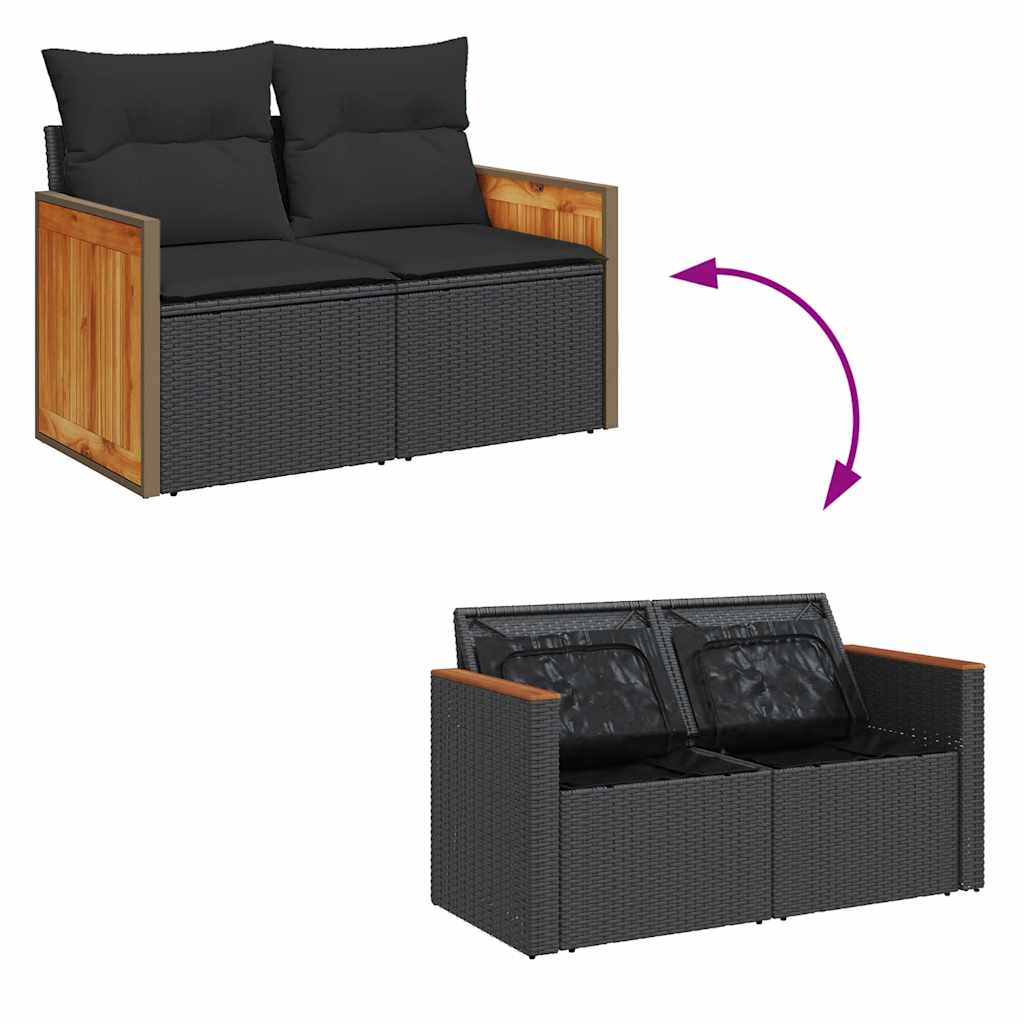 Set Divano da Giardino 6 pz con Cuscini Nero Polyrattan Acacia