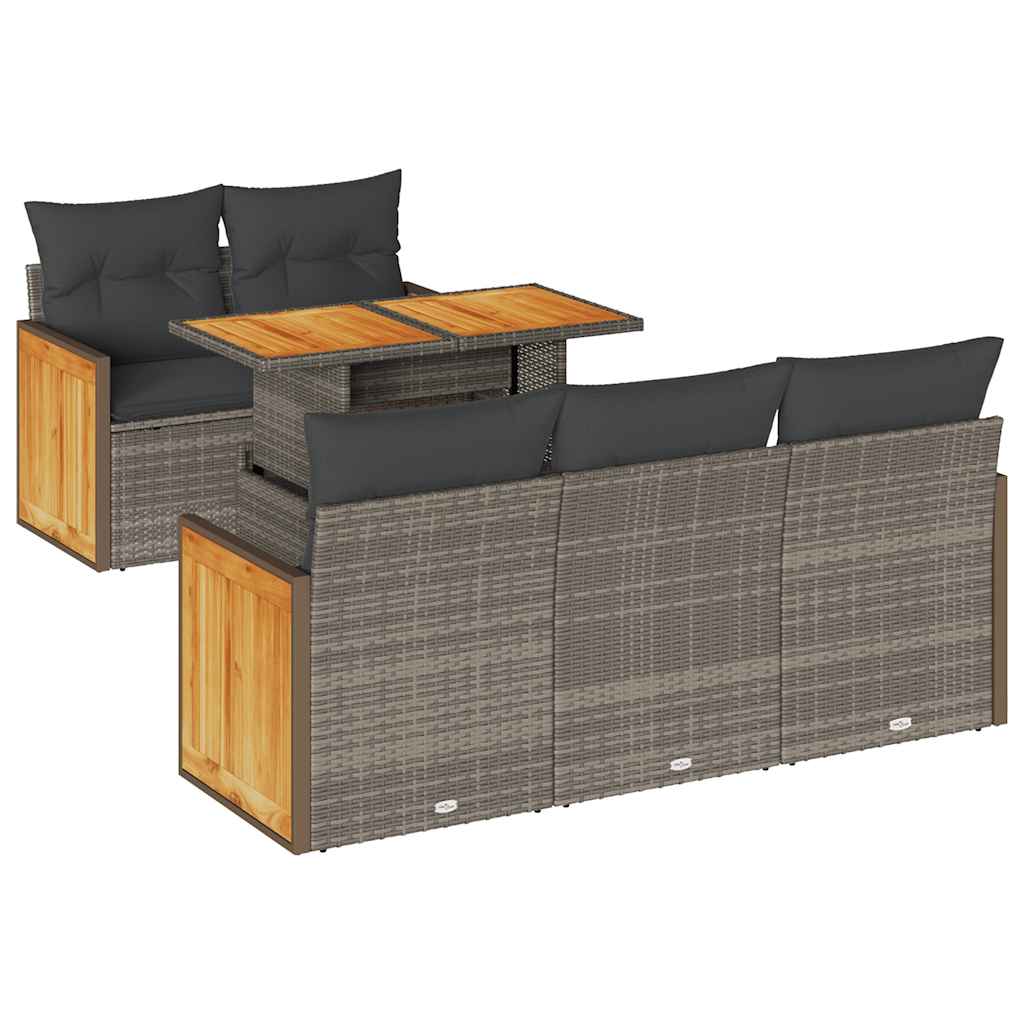 Set Divano da Giardino 6pz con Cuscini Grigio Polyrattan Acacia