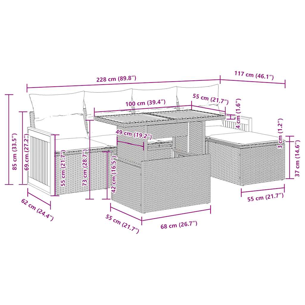 Set Divano da Giardino 6 pz con Cuscini Beige Polyrattan Acacia