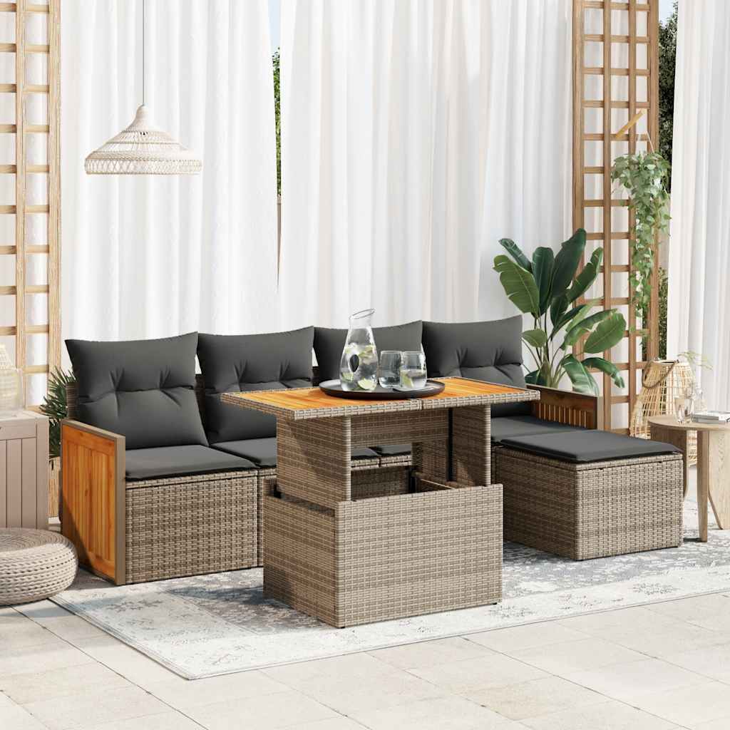 Set Divano da Giardino 6pz con Cuscini Grigio Polyrattan Acacia