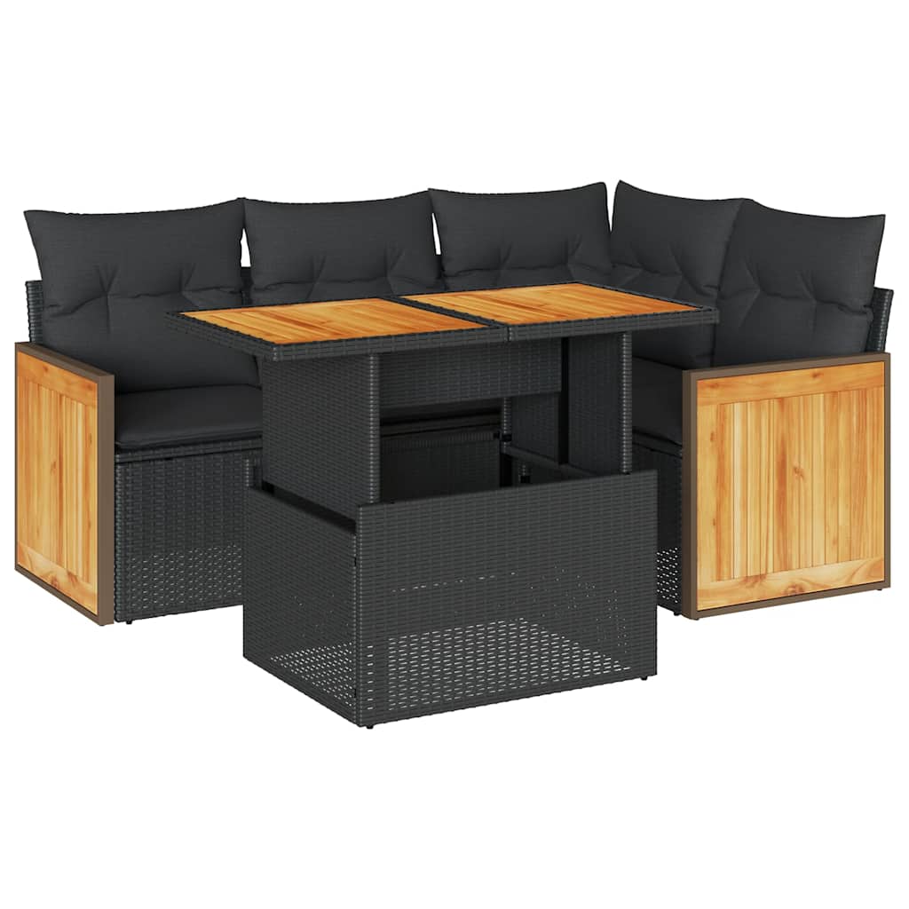 Set Divani da Giardino 5 pz con Cuscini Nero Polyrattan Acacia