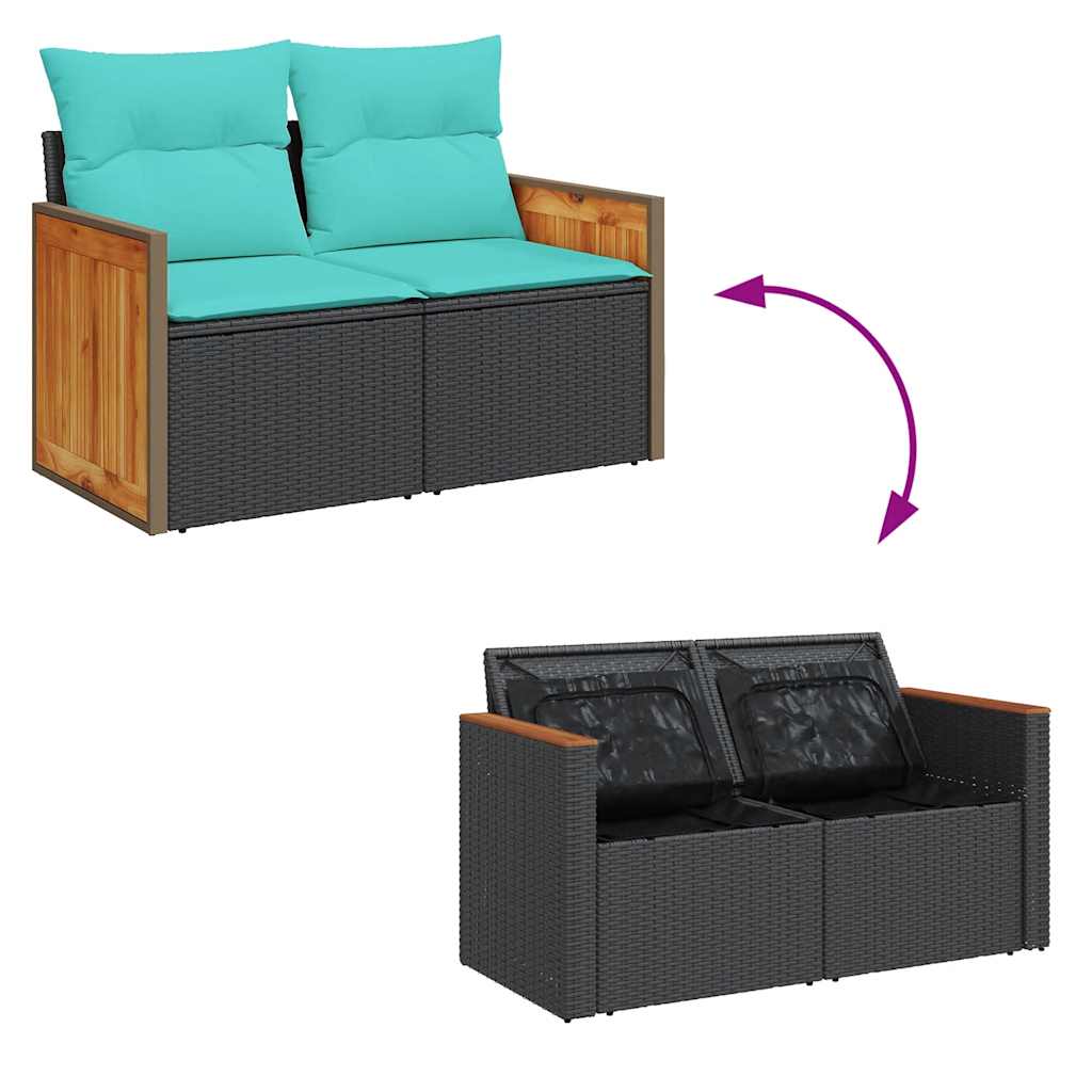 Set Divani da Giardino 5 pz con Cuscini Nero Polyrattan Acacia