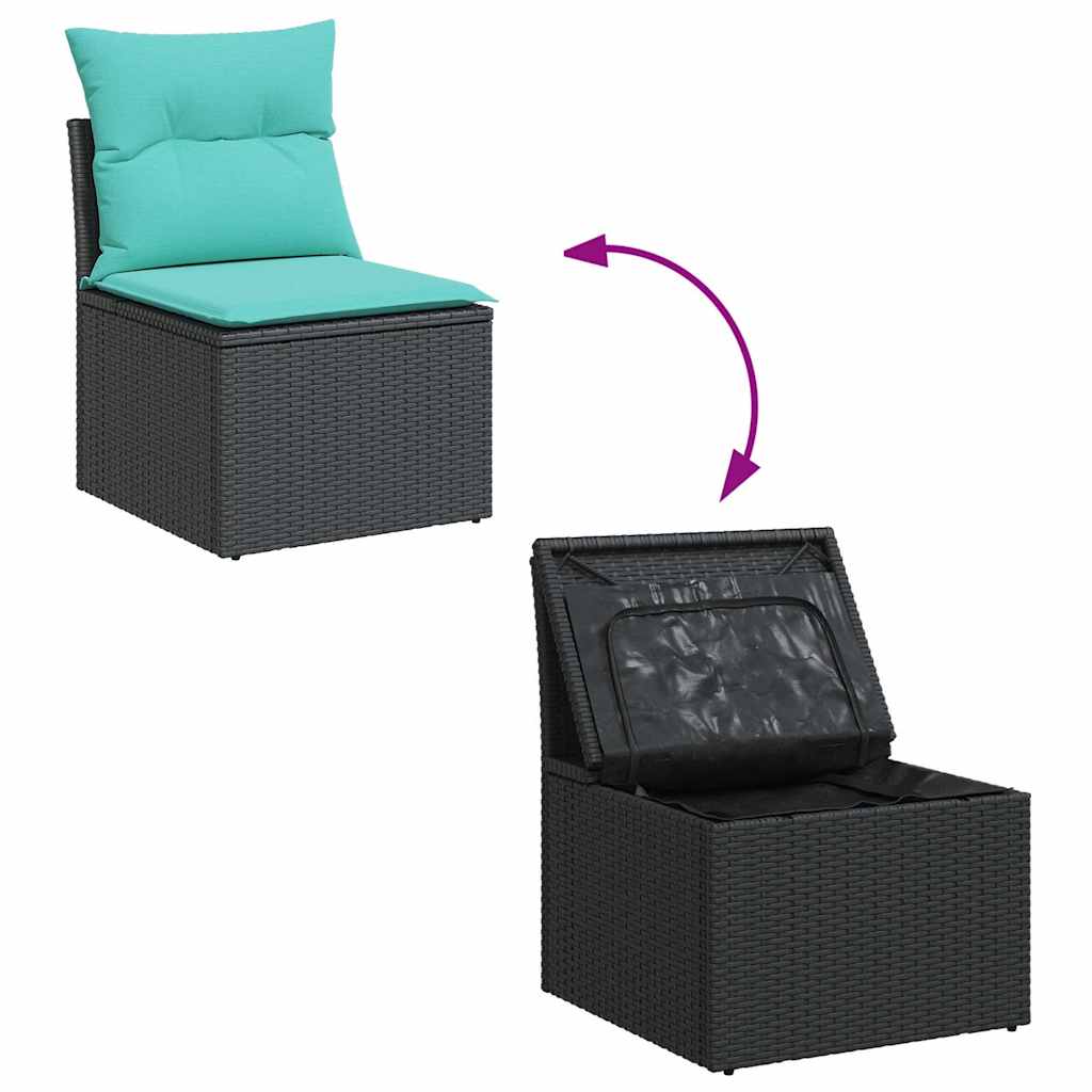 Set Divano da Giardino 6 pz con Cuscini Nero Polyrattan Acacia