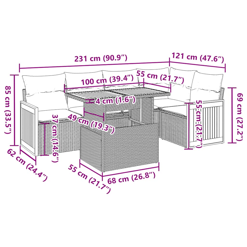 Set Divano da Giardino 6pz con Cuscini Grigio Polyrattan Acacia