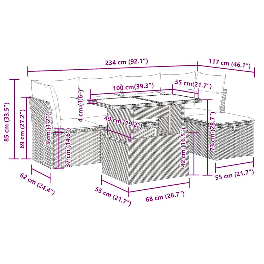 Set Divano da Giardino 6pz con Cuscini Grigio Polyrattan Acacia