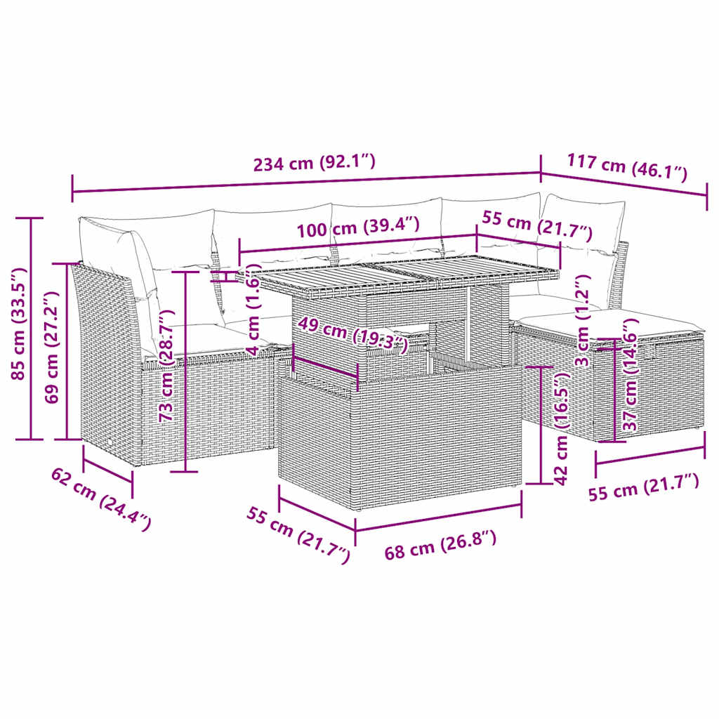 Set Divano da Giardino 6pz con Cuscini Grigio Polyrattan Acacia