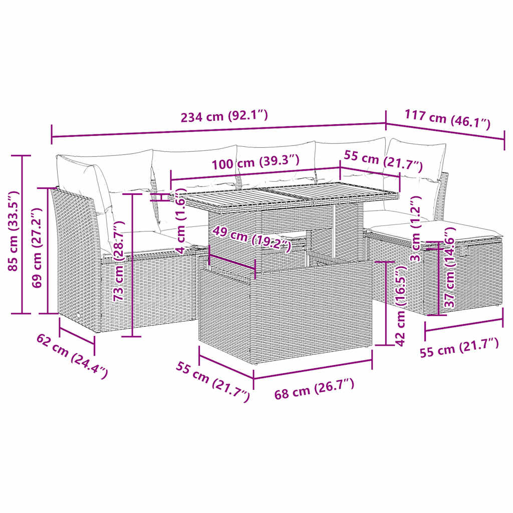 Set Divano da Giardino 6pz con Cuscini Grigio Polyrattan Acacia