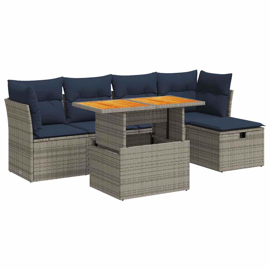 Set Divano da Giardino 6pz con Cuscini Grigio Polyrattan Acacia