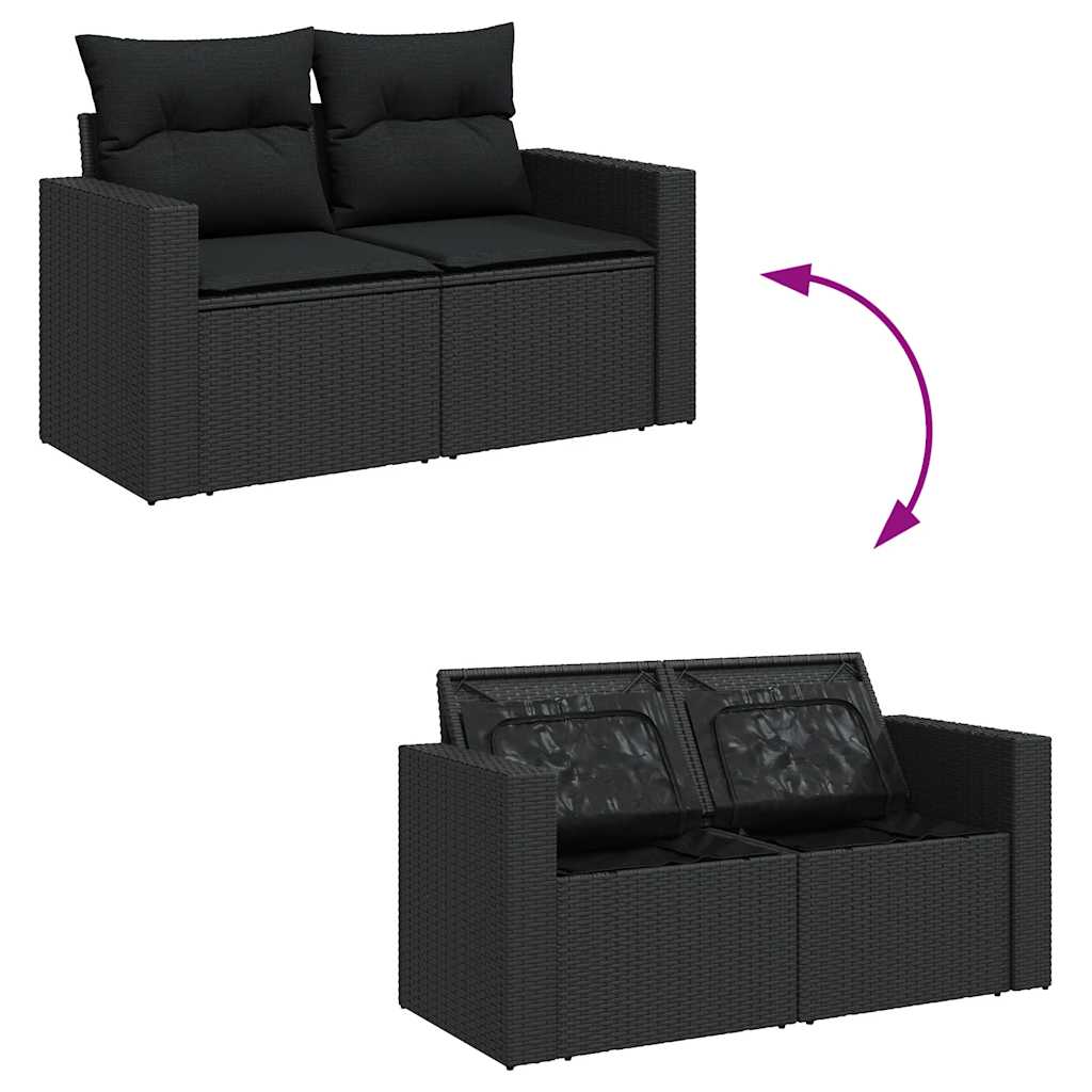 Set Divano da Giardino 6 pz con Cuscini Nero Polyrattan Acacia