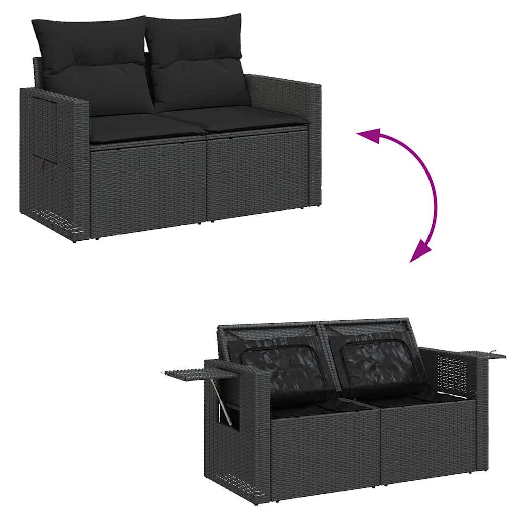 Set Divano da Giardino 6 pz con Cuscini Nero Polyrattan Acacia