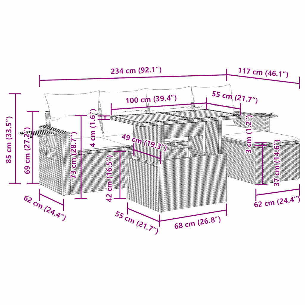 Set Divano da Giardino 6pz con Cuscini Grigio Polyrattan Acacia