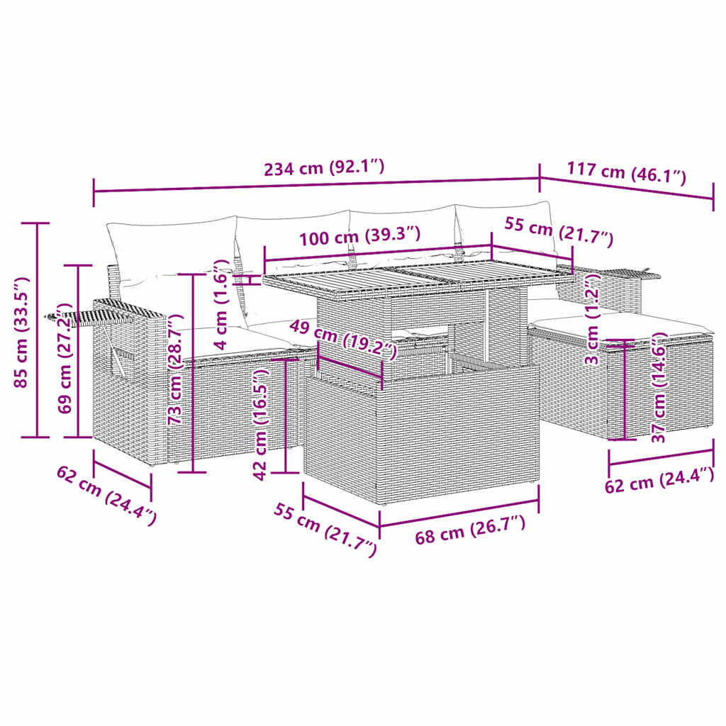 Set Divano da Giardino 6pz con Cuscini Grigio Polyrattan Acacia