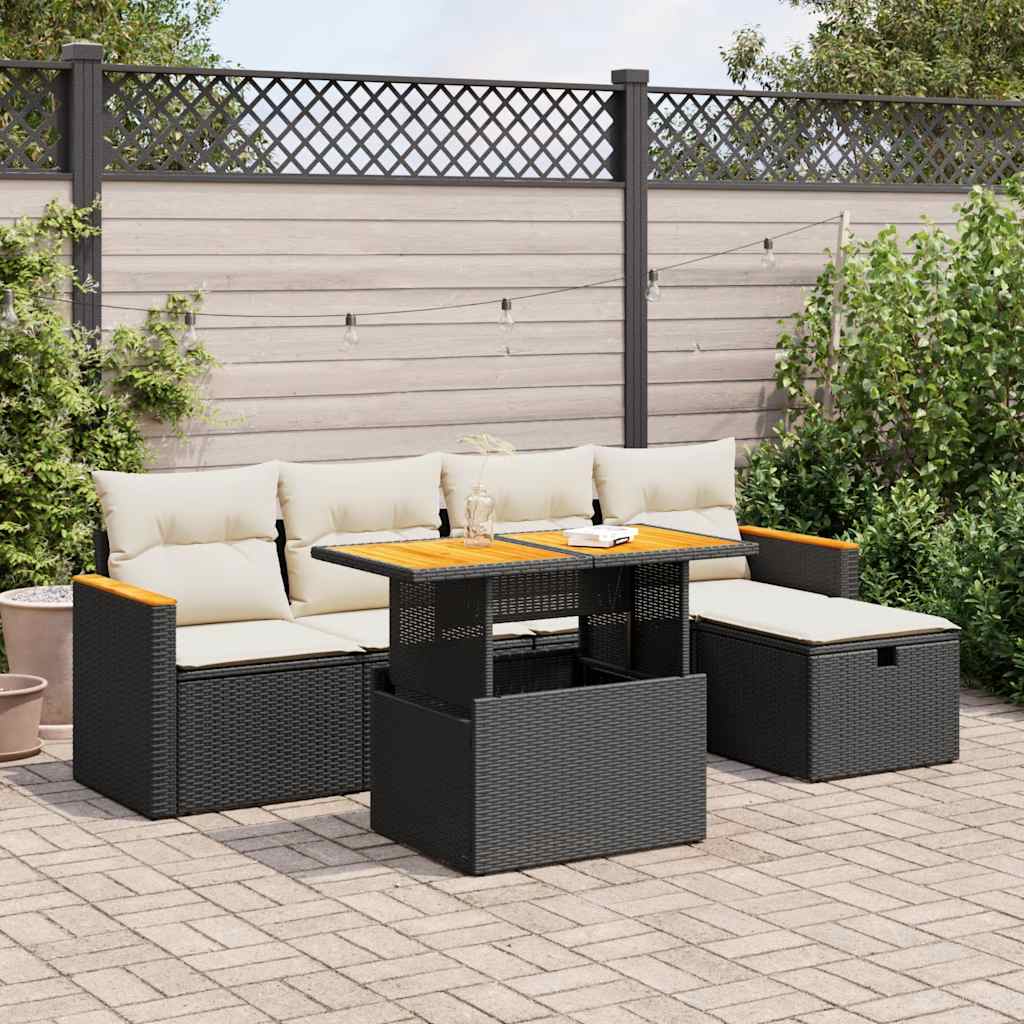 Set Divano da Giardino 6 pz con Cuscini Nero in Polyrattan