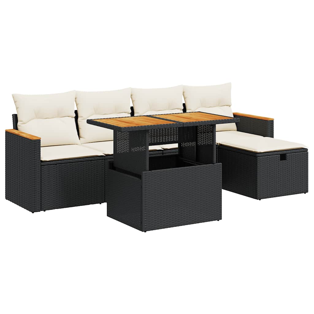 Set Divano da Giardino 6 pz con Cuscini Nero in Polyrattan