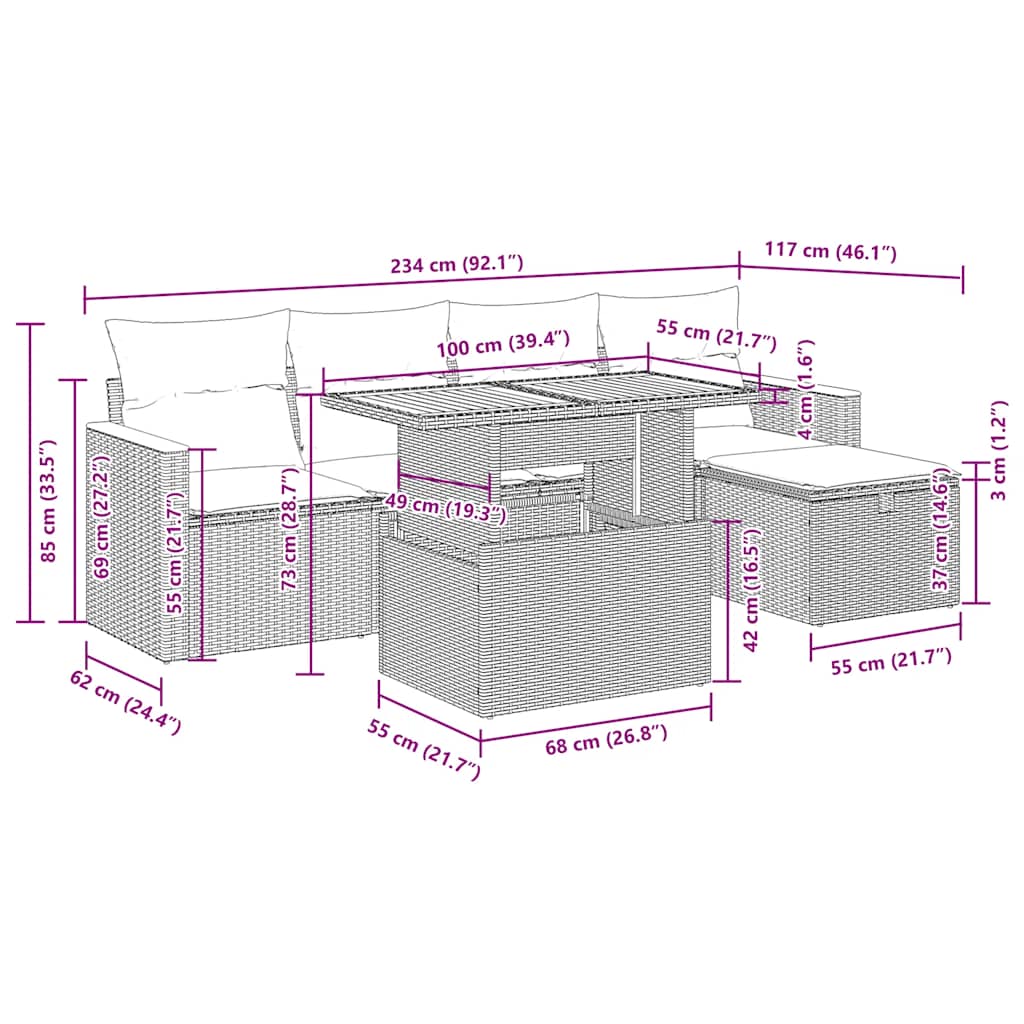 Set Divano da Giardino 6 pz con Cuscini Grigio in Polyrattan
