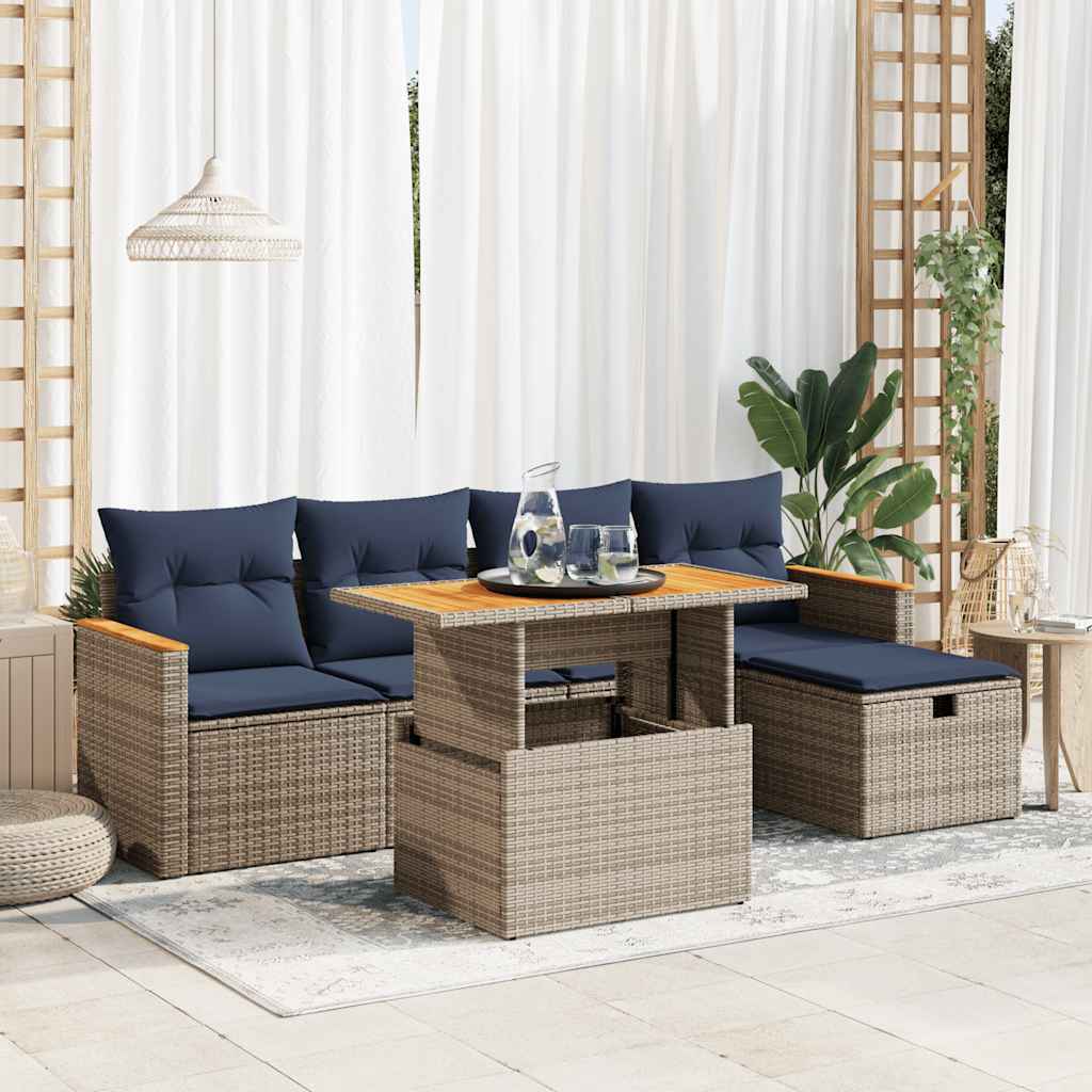 Set Divano da Giardino 6pz con Cuscini Grigio Polyrattan Acacia