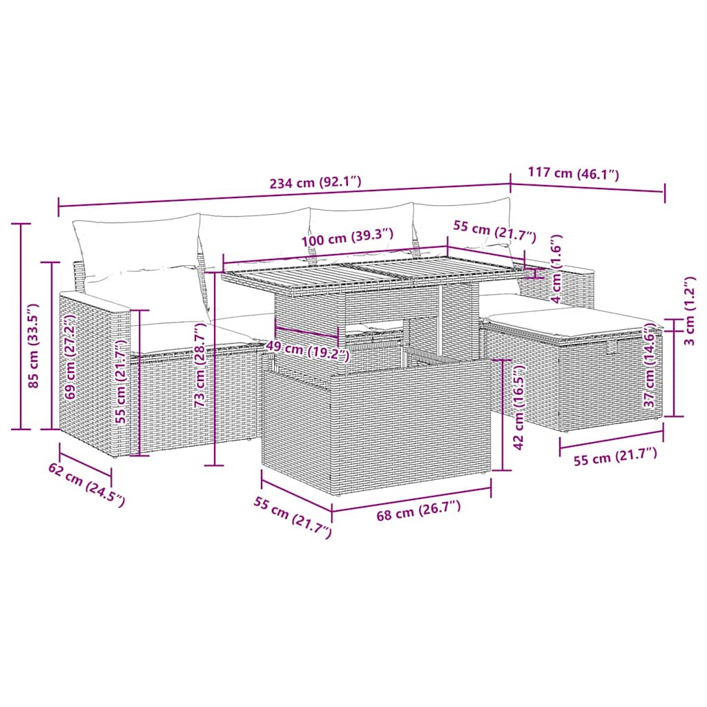 Set Divano da Giardino 6pz con Cuscini Grigio Polyrattan Acacia