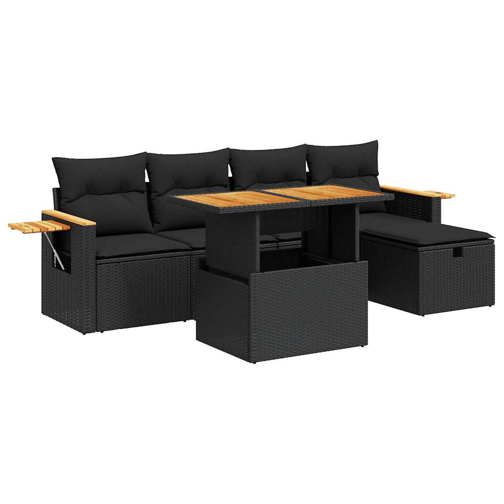 Set Divano da Giardino 6 pz con Cuscini Nero in Polyrattan